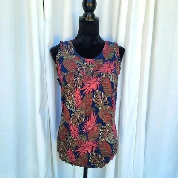 Time And Tru Sleeveless Babydoll Top Floral L (12-14) Tie Back Ruffle Navy Blue - Picture 1 of 9